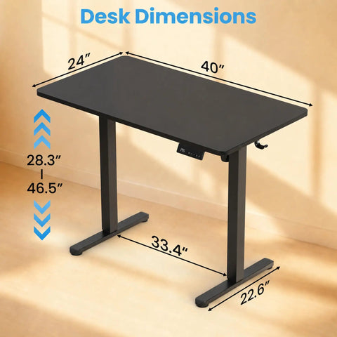 AdGiGi 40 Inch Electric Standing Desk Adjustable Height Sit Stand Workstation Compact Computer Table For Home Office Small Space Black dimensions 40x24 inches, height 28.3-46.5 inches