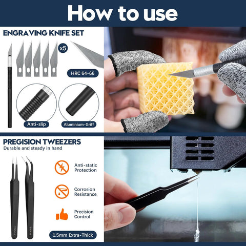 3D printer tool kit, 46-piece set for FDM/SLA printers, includes nozzle cleaner, scraper, files, brushes, engraving knife