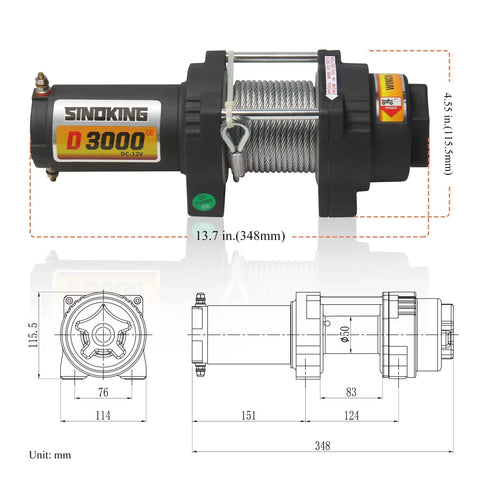 Beefy 12V 3000lb Winch For UTV ATV With Three Sixteenth Inch Steel Cable 39 Foot Wireless Remote 1.5HP Motor Diagram