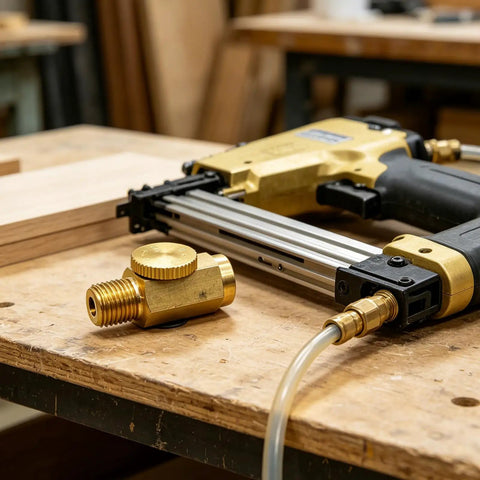 Pro Grade Pneumatic Speed Regulator With Dual Quarter Inch Threads For Industrial Equipment High Accuracy Air Regulator External 13mm And Internal 12mm Interfaces Built For 12mm To 40mm Tools In A Compact Portable Setup. Brass air regulator with knurled knob and 1/4-inch thread on nail gun