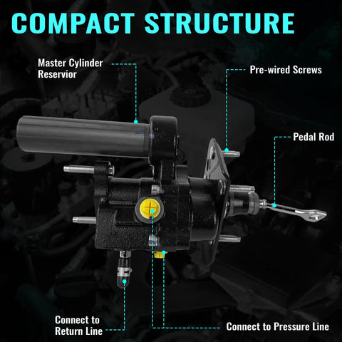 Top Tier Hydraulic Power Brake Booster Direct Swap For Chevy Gmc C1500 K1500 Suburban 1997 Through 2000 showing master cylinder reservoir components.