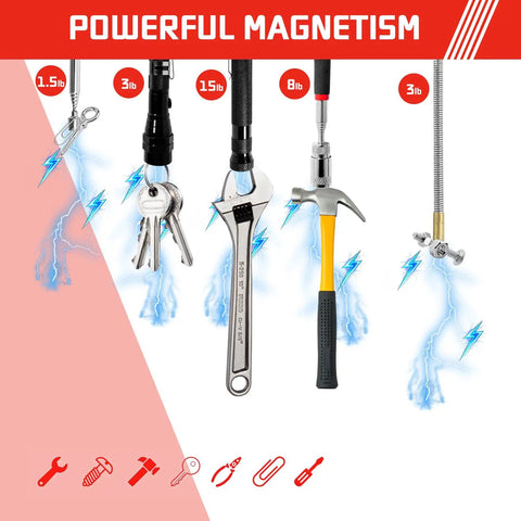 Six In One Magnetic Tool Set With Light And 8Lb Telescoping Pickup Tool showcasing powerful magnetism with tools.