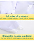 Close-up of StabProof 350N Fencing Pants For Foil Epee Saber Training showing adhesive strip and shrinkable leg design details.