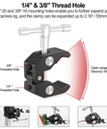 Diagram of Flex Soldering Clamp Arm 19.7 Inch Magic Arm With Clamps Articulating Arms for PCB Clip, showing thread holes and range.