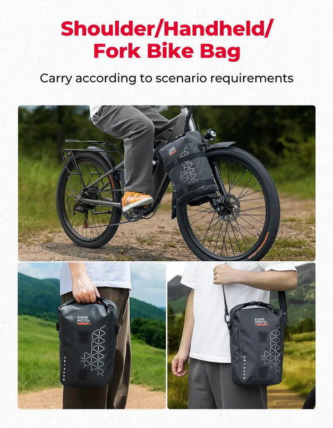 Person using 10L Fully Waterproof Front Fork Pannier Bag For Mountain Biking And EBikes Roll Top Front Rack Storage