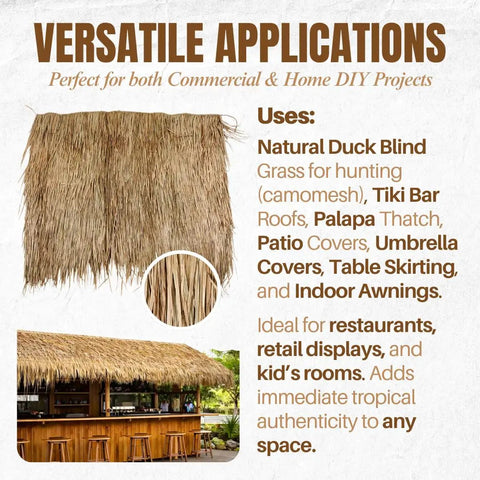 Mexican Palm Thatch Roll 35 Inch By 30 Ft Natural Tiki Bar Roof Palapa Thatched Roof Duck Blind Grass Patio Cover Hand Woven Real Straw Eco Friendly 87.5 Sq Ft Coverage Trim To Size shown with usage examples