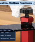 Close-up of black oxide steel large thumbscrew on Tall Stair Gauges For Framing Square With Holder And Carabiner Pro Grade Metal Stair Stringer Layout Tool