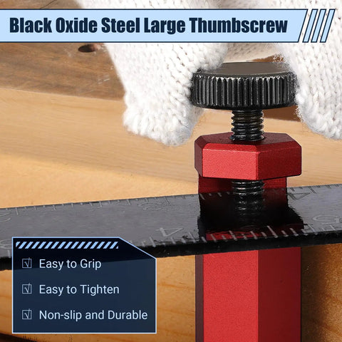 Close-up of black oxide steel large thumbscrew on Tall Stair Gauges For Framing Square With Holder And Carabiner Pro Grade Metal Stair Stringer Layout Tool
