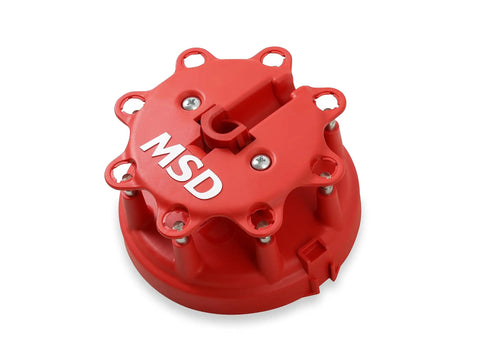 Distributor Cap And Rotor Kit Red For High Performance Ignition System Upgrade Low Resistance Brass Contacts Resists Carbon Tracking Street Ready Replacement Part For Reliable Spark And Maximum Voltage Transfer. red MSD distributor cap kit with screw terminals