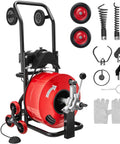 Heavy Hitter Auto Feed Drain Cleaner With 100 Ft Steel Pipe Snake features a red drum, wheels, foot pedal, and various cutter heads.