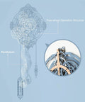 Blueprint of Dope Wooden Clock Kit 3D Mechanical Puzzle with highlighted pendulum and five-wheel structure.