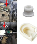 Gearhead Grade Transmission Shifter Adjuster Cable Head CV617C445AA For Maximum Power And Smooth Shifts Built From High Strength Alloy And Wear Resistant Polymer Lab Tested Thermal And Mechanical Toughness Keeps Cable Tension In Check. White transmission shifter cable head, plastic and alloy, shown installed.