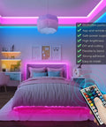 RGB LED Rope Lights for Bedrooms and Party Vibes, 65.6Ft LED Strip With Music Sync, glowing under bed and ceiling with remote control
