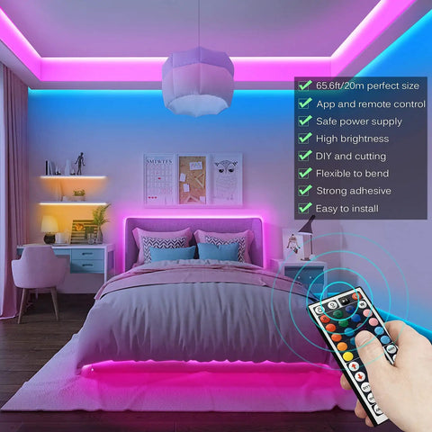 RGB LED Rope Lights for Bedrooms and Party Vibes, 65.6Ft LED Strip With Music Sync, glowing under bed and ceiling with remote control