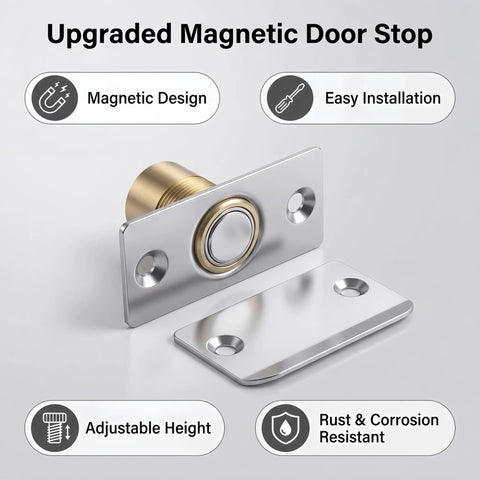 Adjustable Ball Magnetic Door Catch with stainless steel and brass, highlighting magnetic design and easy installation.