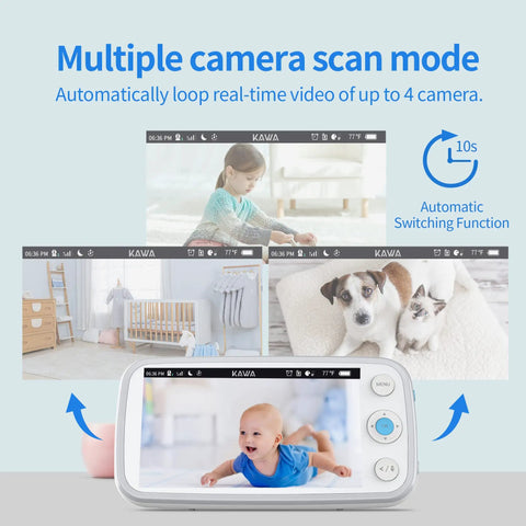 Display showing 2K Addon Baby Camera For S7 Compatible Video Baby Monitor With Camera And Audio No WiFi Loop Recording multiple feeds.
