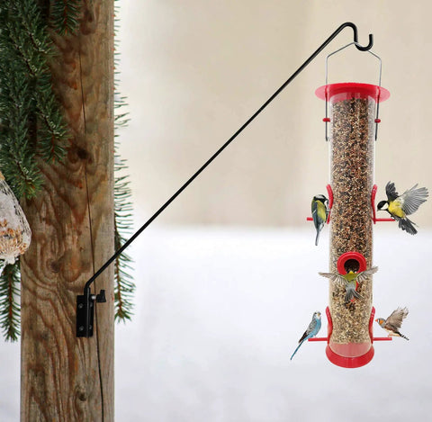 Rock Solid Adjustable Deck Hook Wall Pole Extending Twenty Eight To Forty Three Inches For Backyard Display Of Bird Feeders with birds.