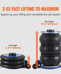 Shop Pro 5 Ton Air Bag Jack For Cars And Trucks shows height adjustment from 5.5" to 18.5", triple bag design for quick lifting.