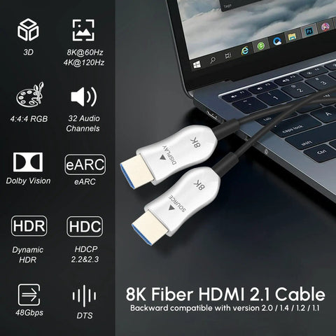 Solid 8K Fiber Optic HDMI 2.1 Cable 50 Foot Active Cord pushes 48gbps signal to screen, shown connecting to a laptop.