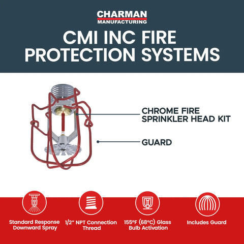 Top Notch Chrome Fire Sprinkler Head Pendant Spray Kit With Half Inch Npt Threading showing guard and components.