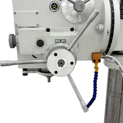 Close-up of Gear Head Vertical Drill Press With Auto Feed For Drilling Milling And Tapping M20 controls and levers.