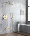 UMJIGF Shower System Brushed Gold Bathroom Shower Faucet Set with Tub Spout, 8 Inch round shower head and handheld shower in modern bathroom.