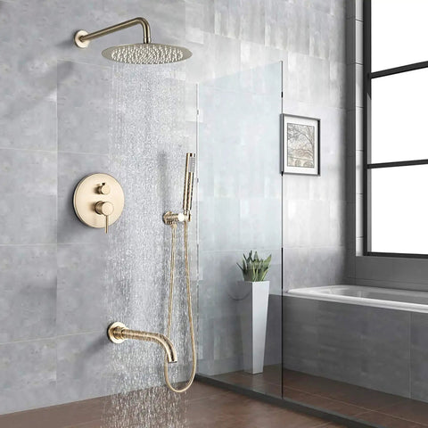 UMJIGF Shower System Brushed Gold Bathroom Shower Faucet Set with Tub Spout, 8 Inch round shower head and handheld shower in modern bathroom.