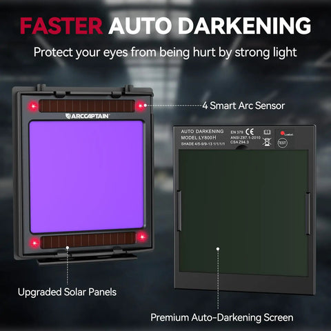 Front view of large view auto darkening welding helmet auto-darkening screen with LED light and solar powered hood, four arc sensors.