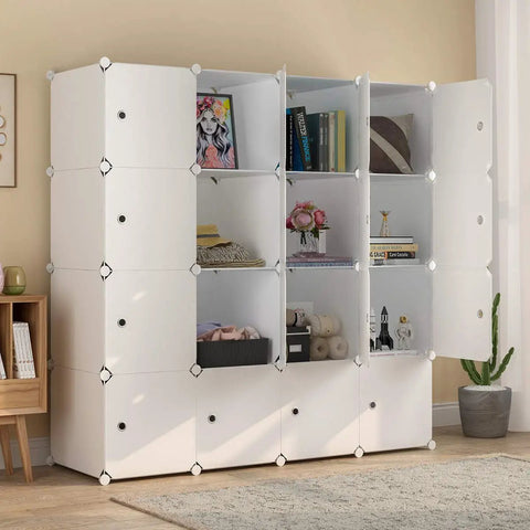 Massive 16 Cube Storage Organizer With Doors In White For Closet Living Room Or Office 14x18x14 modular unit in living room.