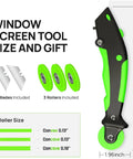 Sweet 3 In 1 Window Screen Roller Tool With 3 Interchangeable Rollers For Quick Fixes Plus Foldable Design For Easy Storage At Home Features Retractable Cutter And Concealed Removal Hook Inside Makes Home Repair Easy. Black and green window screen repair tool with 2 blades, 3 rollers, and 9.45-inch size.
