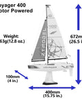 Voyager 400 2.4GHz RC Sailboat With Detachable Motor, dimensions labeled, white sail, for indoor or windless day sailing.