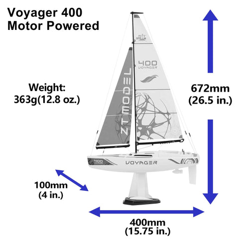 Voyager 400 2.4GHz RC Sailboat With Detachable Motor, dimensions labeled, white sail, for indoor or windless day sailing.