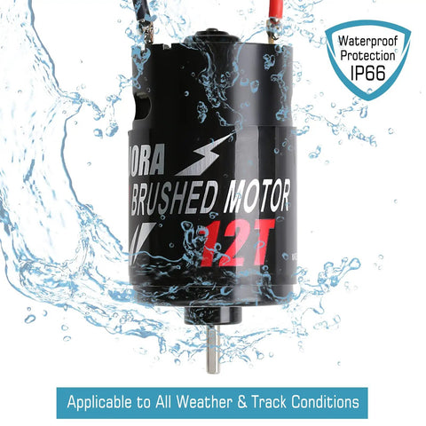 550 Brushed Waterproof 3-Slot Motor for 1/10 RC Car with 12T Pinion, shown with water splashes illustrating waterproof feature