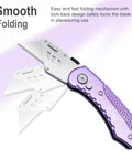 Vickay folding utility knife with purple aluminum handle and five quick change blades
