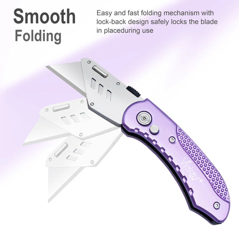 Vickay folding utility knife with purple aluminum handle and five quick change blades