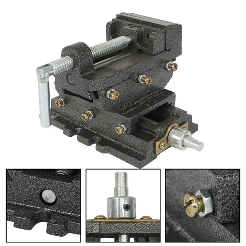 No Nonsense 3 Inch Cross Slide Vise Featuring X Y Dual Crank Handles for precision clamping on a workbench.