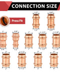 Five Piece 4X4 Inch Copper Press XL Coupling Fittings With Stop Fits Type M L K Tubing displayed with various sizes and dimensions.