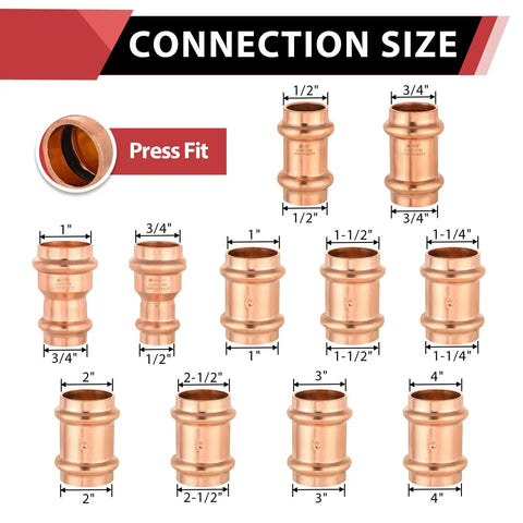 Five Piece 4X4 Inch Copper Press XL Coupling Fittings With Stop Fits Type M L K Tubing displayed with various sizes and dimensions.