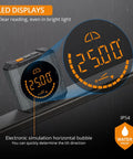Heavy Duty Digital Angle Finder With LED Rechargeable Power and Slick Magnetic Base for Dead On Accuracy Measuring IP54 Waterproof Protractor with clear LED display showing 25.0 degrees.