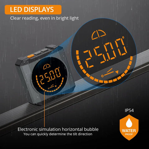 Heavy Duty Digital Angle Finder With LED Rechargeable Power and Slick Magnetic Base for Dead On Accuracy Measuring IP54 Waterproof Protractor with clear LED display showing 25.0 degrees.