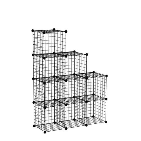 9 Cube Wire Storage Organizer with metal grid panels, modular bookshelf and closet cabinet in black finish, side view