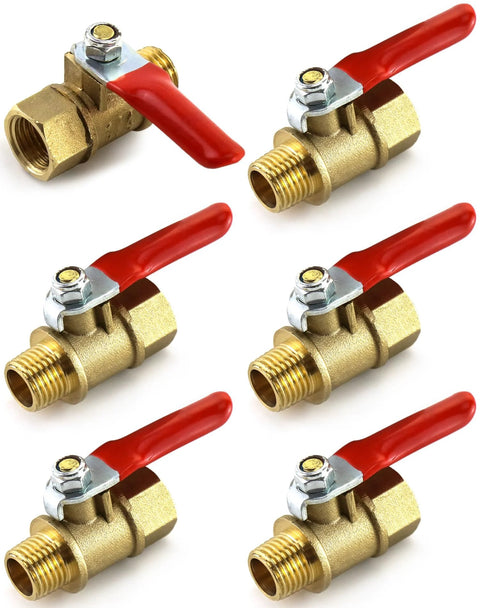 QWORK brass ball valve, 1/4-inch NPT, six-pack with red lever handles, male to female fittings
