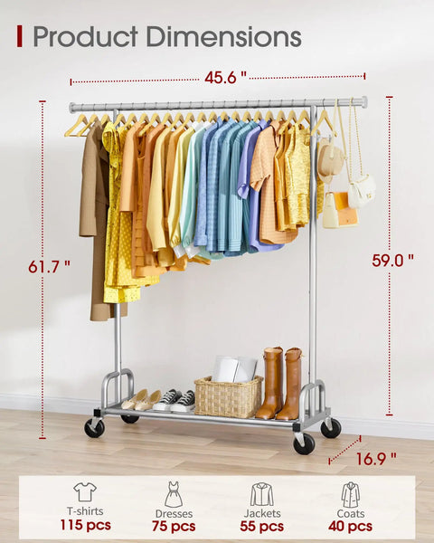 Heavy Duty Metal Clothes Rack With Sure Grip Lockable Wheels, Extendable Rod To Max Out Your Storage, Holds Every Fit You Own, Sleek Silver Design Keeps Small Bedrooms Or Entryways Clutter Free