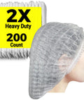 Bulk 200 Count Heavy Duty White Hair Nets For Food Service Workers, 21 Inch Bouffant Caps on woman with product pack visible.