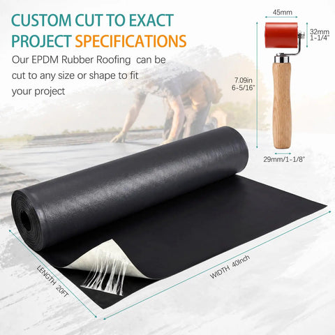Hella Durable 40X20 Foot EPDM Rubber Roofing Membrane Roll With Self Adhesive Reinforced Waterproofing Sheet showing dimensions and seam roller.