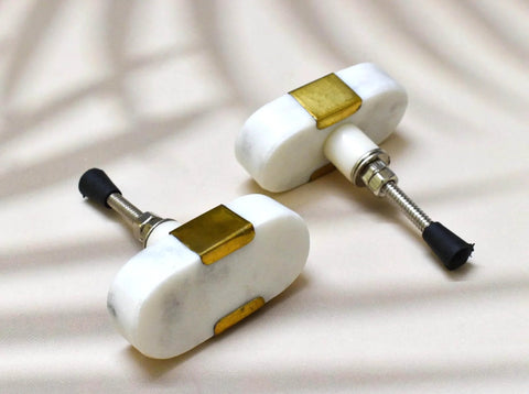 Oval Stone And Brass Knob Set For Drawers And Cabinets 1.5 Inch Natural Stone Knobs With Brass Mount Gold White Finish