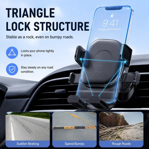 Road Ready Car Phone Mount For Tesla Cybertruck Model 3 Model S with triangle lock structure securing phones during bumpy rides.