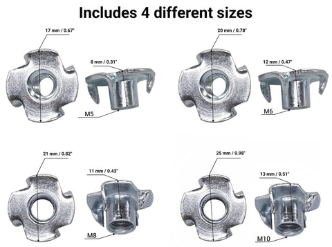 Heavy Duty T Nuts Kit 16 Pc Assortment Zinc Plated Steel M5 M6 M8 M10 Four Prongs 4 Pieces Each Size For Wood Furniture