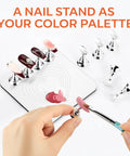 Magnetic Nail Stand For Press On Nails With A Large Flat Metal Base That Holds Ten Tips At Once Stable Holders For Nail Art Practice Batch Painting Design Curing Display And DIY Home Or Salon Use, showing hands using the stand.