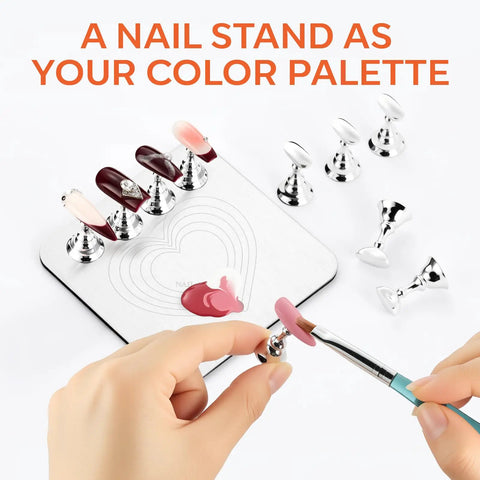 Magnetic Nail Stand For Press On Nails With A Large Flat Metal Base That Holds Ten Tips At Once Stable Holders For Nail Art Practice Batch Painting Design Curing Display And DIY Home Or Salon Use, showing hands using the stand.